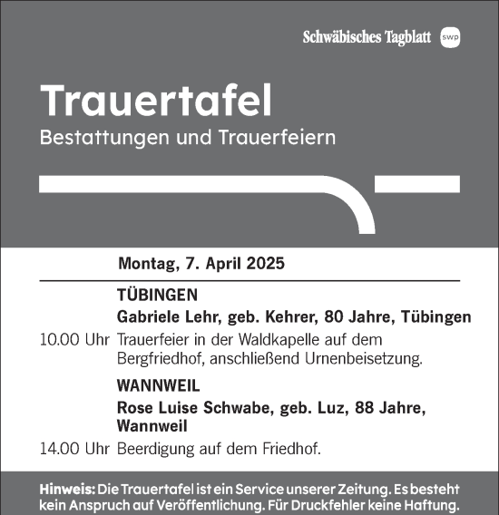 Traueranzeige von Bestattungen vom 07.04.2025 von Schwäbische Tagblatt