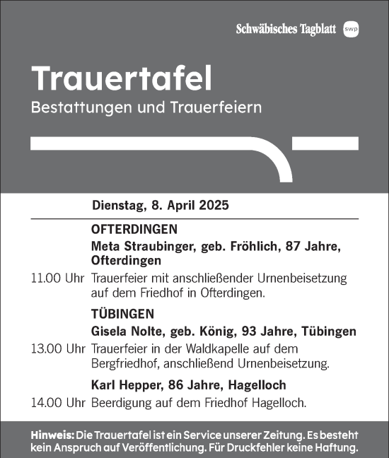 Traueranzeige von Bestattungen vom 08.04.2025 von Schwäbische Tagblatt