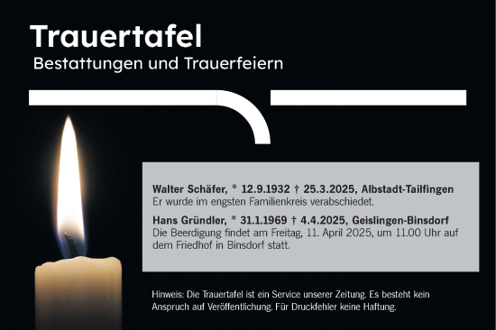 Traueranzeige von Bestattungen vom 10.04.2025 von SÜDWEST PRESSE Zollernalbkreis/Hohenzollerische Zeitung