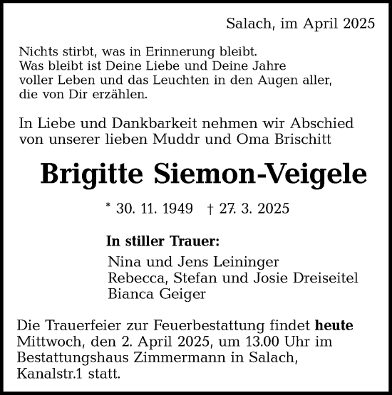 Traueranzeige von Brigitte Siemon-Veigele von NWZ Neue Württembergische Zeitung