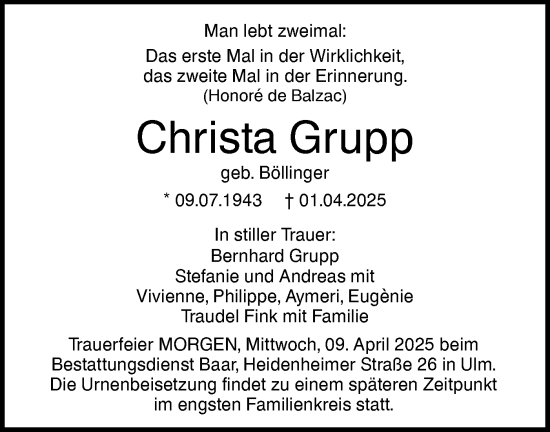Traueranzeige von Christa Grupp von SÜDWEST PRESSE Ausgabe Ulm/Neu-Ulm
