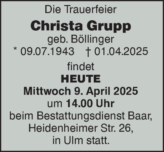 Traueranzeige von Christa Grupp von SÜDWEST PRESSE Ausgabe Ulm/Neu-Ulm
