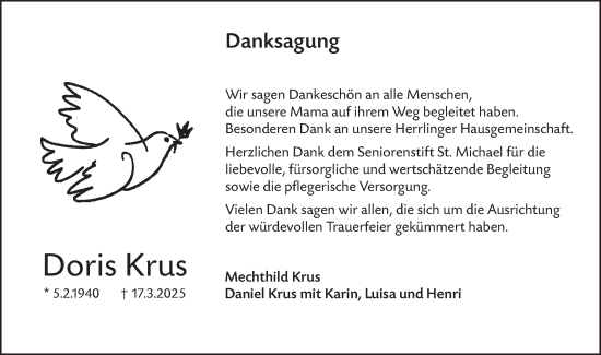Traueranzeige von Doris Krus von SÜDWEST PRESSE Ausgabe Ulm/Neu-Ulm/Neu-Ulmer Zeitung