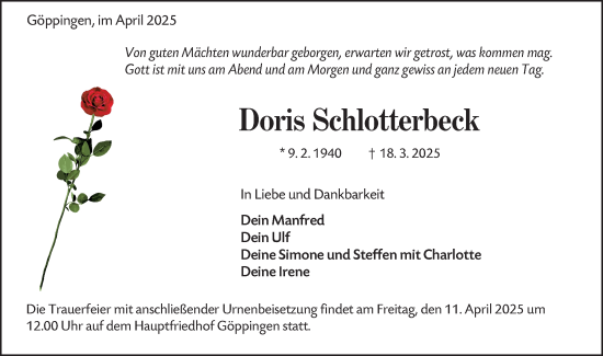 Traueranzeige von Doris Schlotterbeck von NWZ Neue Württembergische Zeitung