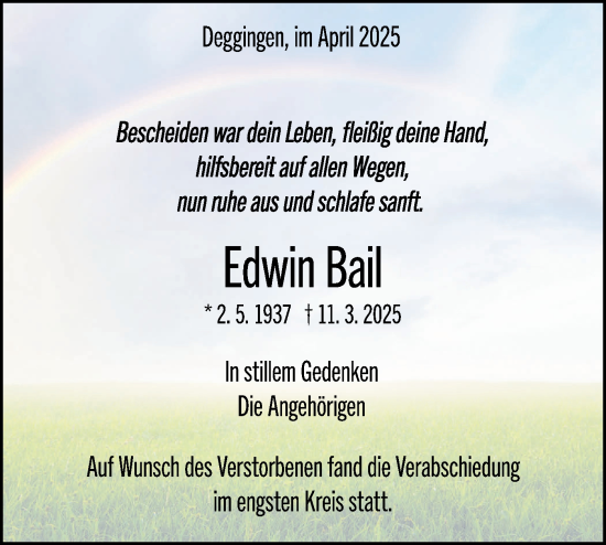 Traueranzeige von Edwin Bail von Geislinger Zeitung