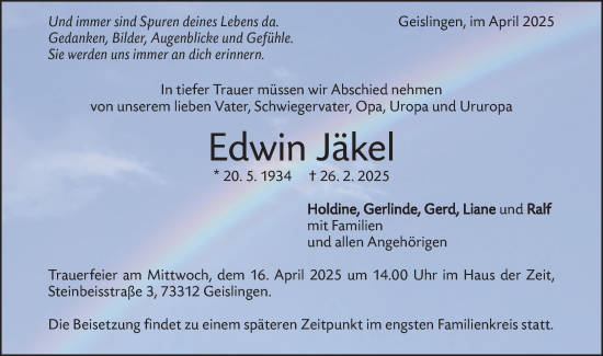 Traueranzeige von Edwin Jäkel von Geislinger Zeitung