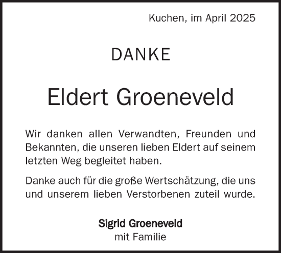 Traueranzeige von Eldert Groeneveld von Geislinger Zeitung