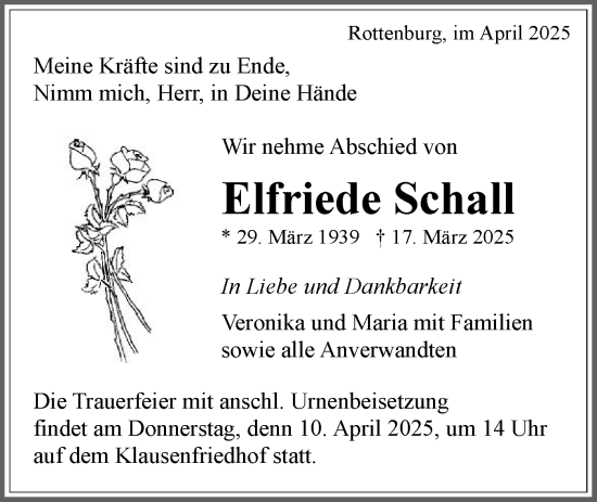 Traueranzeige von Elfriede Schall von Schwäbische Tagblatt