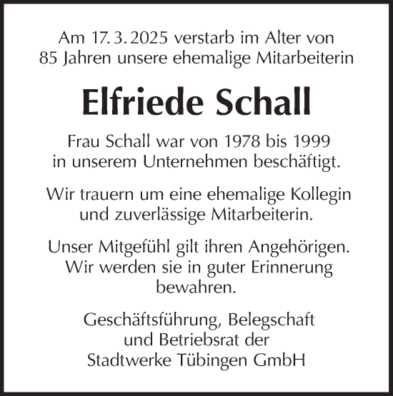 Traueranzeige von Elfriede Schall von Schwäbische Tagblatt