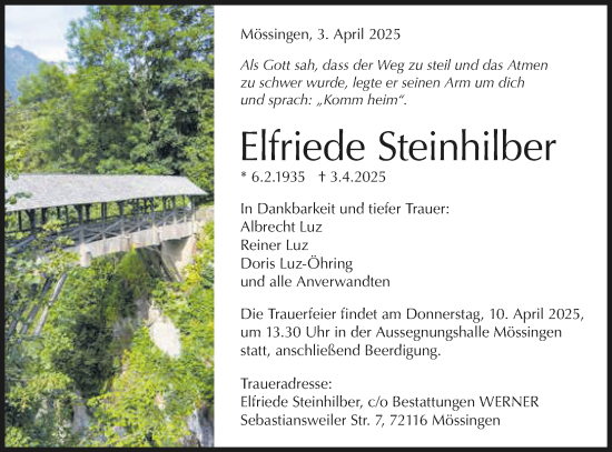 Traueranzeige von Elfriede Steinhilber von Schwäbische Tagblatt