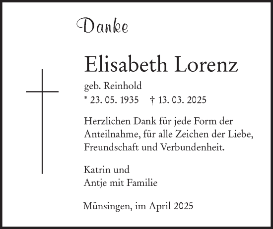 Traueranzeige von Elisabeth Lorenz von Alb-Bote/Metzinger-Uracher Volksblatt