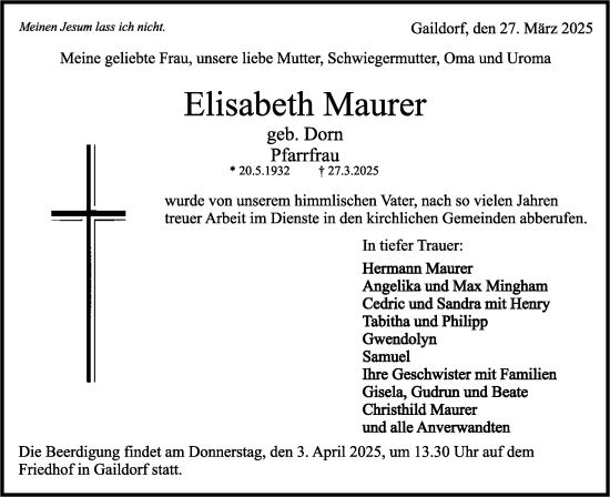 Traueranzeige von Elisabeth Maurer von Rundschau Gaildorf