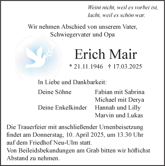 Traueranzeige von Erich Mair von SÜDWEST PRESSE Ausgabe Ulm/Neu-Ulm