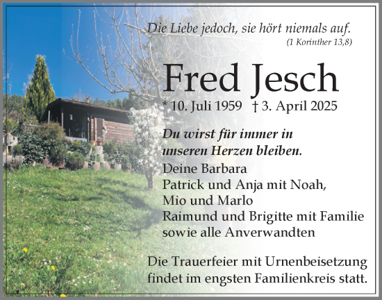 Traueranzeige von Fred Jesch von Schwäbische Tagblatt