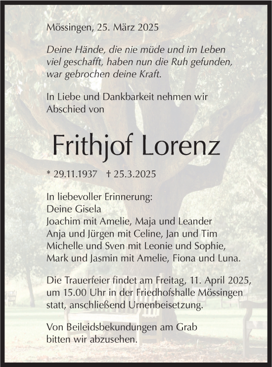 Traueranzeige von Frithjof Lorenz von Schwäbische Tagblatt