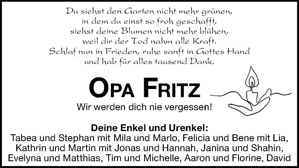  Traueranzeige für Fritz  vom 02.04.2025 aus Hohenloher Tagblatt