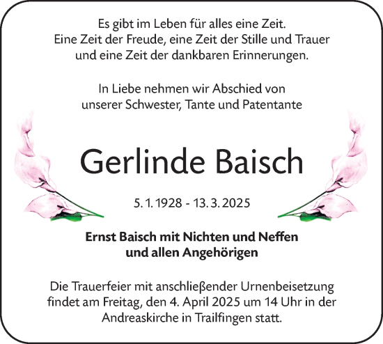 Traueranzeige von Gerlinde Baisch von Alb-Bote/Metzinger-Uracher Volksblatt