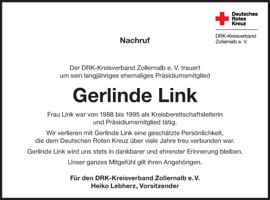 Traueranzeige von Gerlinde Link von SÜDWEST PRESSE Zollernalbkreis/Hohenzollerische Zeitung