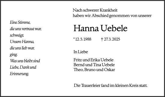Traueranzeige von Hanna Uebele von NWZ Neue Württembergische Zeitung