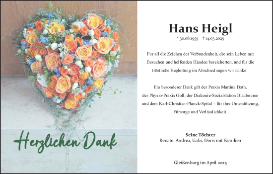 Traueranzeige von Hans Heigl von Das Blaumännle/SÜDWEST PRESSE Ausgabe Ulm/Neu-Ulm