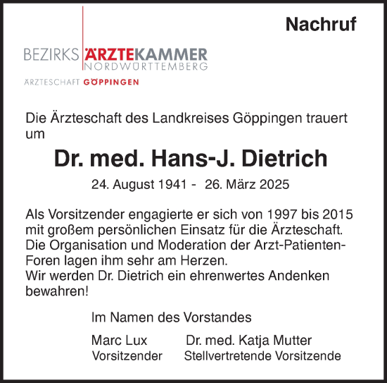 Traueranzeige von Hans-J. Dietrich von NWZ Neue Württembergische Zeitung