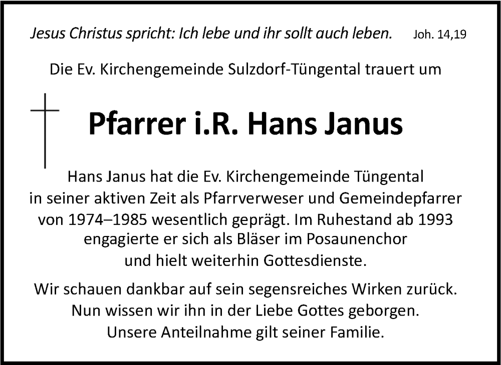  Traueranzeige für Hans Janus vom 05.04.2025 aus Haller Tagblatt