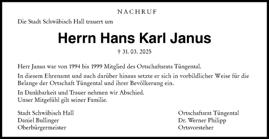 Traueranzeige von Hans Karl Janus von Haller Tagblatt