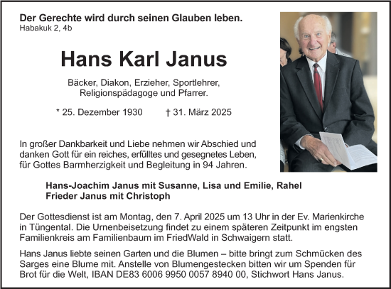 Traueranzeige von Hans Karl Janus von Haller Tagblatt