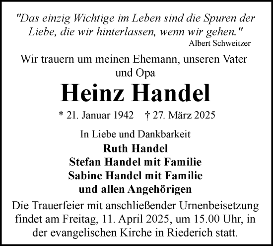 Traueranzeige von Heinz Handel von Alb-Bote/Metzinger-Uracher Volksblatt