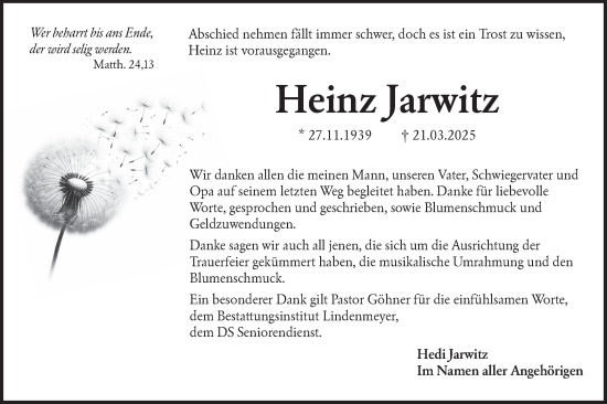 Traueranzeige von Heinz Jarwitz von Hohenloher Tagblatt