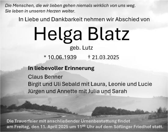 Traueranzeige von Helga Blatz von SÜDWEST PRESSE Ausgabe Ulm/Neu-Ulm