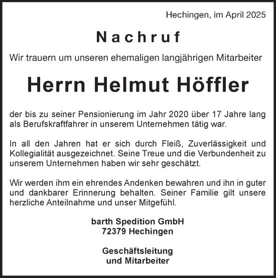 Traueranzeige von Helmut Höffler von SÜDWEST PRESSE Zollernalbkreis/Hohenzollerische Zeitung