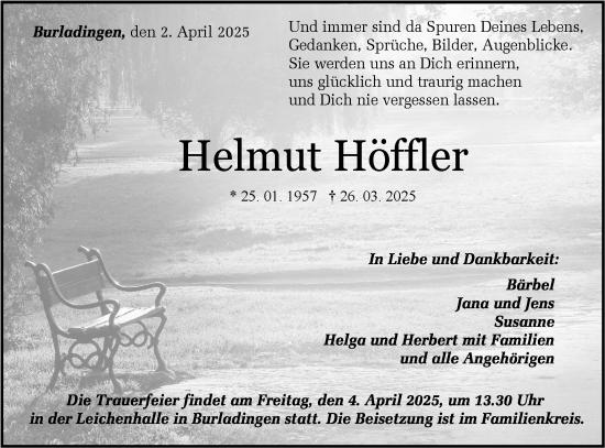 Traueranzeige von Helmut Höffler von SÜDWEST PRESSE Zollernalbkreis/Hohenzollerische Zeitung