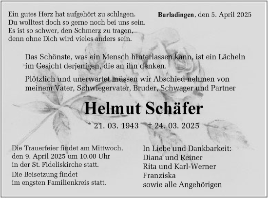 Traueranzeige von Helmut Schäfer von SÜDWEST PRESSE Zollernalbkreis/Hohenzollerische Zeitung