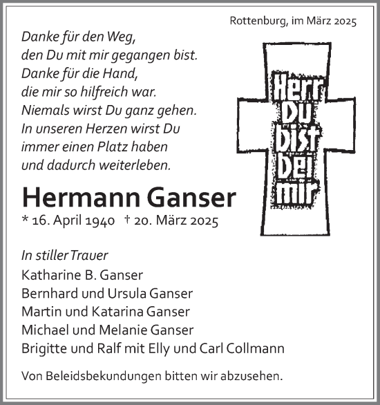 Traueranzeige von Hermann Ganser von Schwäbische Tagblatt