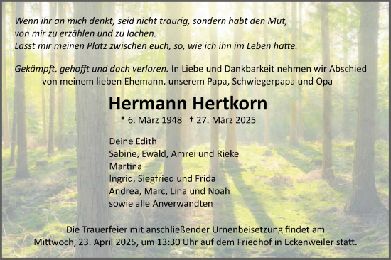 Traueranzeige von Hermann Hertkorn von Schwäbische Tagblatt
