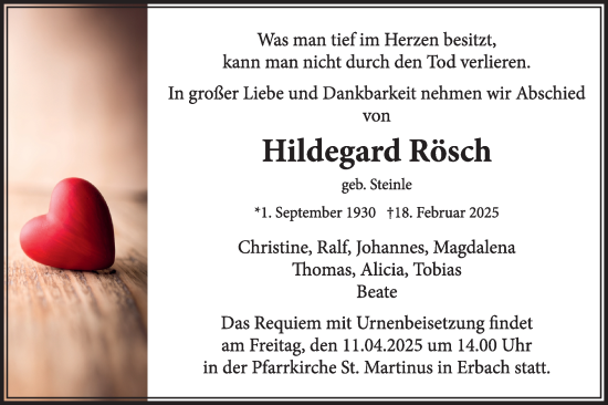 Traueranzeige von Hildegard Rösch von SÜDWEST PRESSE Ausgabe Ulm/Neu-Ulm