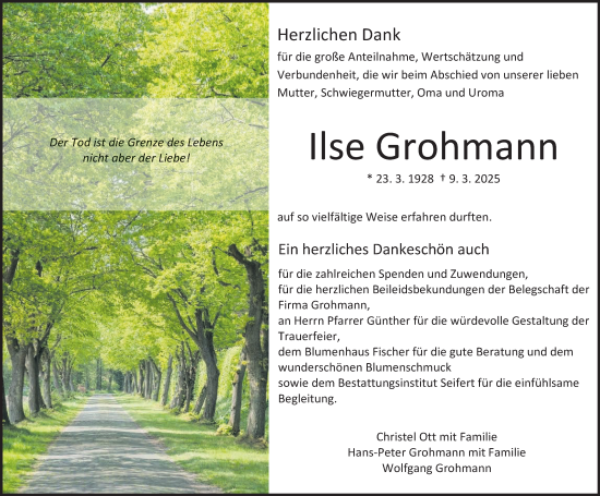 Traueranzeige von Ilse Grohmann von SÜDWEST PRESSE Zollernalbkreis/Hohenzollerische Zeitung