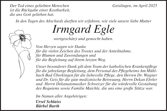 Traueranzeige von Irmgard Egle von Geislinger Zeitung