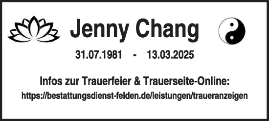 Traueranzeige von Jenny Chang von Schwäbische Tagblatt