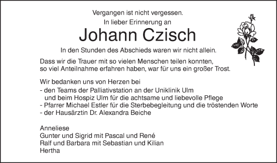 Traueranzeige von Johann Czisch von SÜDWEST PRESSE Ausgabe Ulm/Neu-Ulm