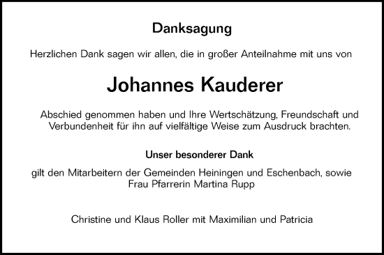 Traueranzeige von Johannes Kauderer von NWZ Neue Württembergische Zeitung