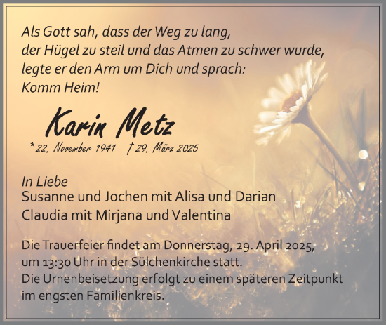 Traueranzeige von Karin Metz von Schwäbische Tagblatt