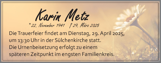 Traueranzeige von Karin Metz von Schwäbische Tagblatt