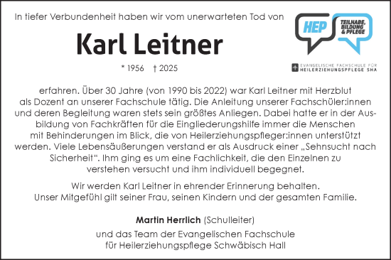 Traueranzeige von Karl Leitner von Haller Tagblatt