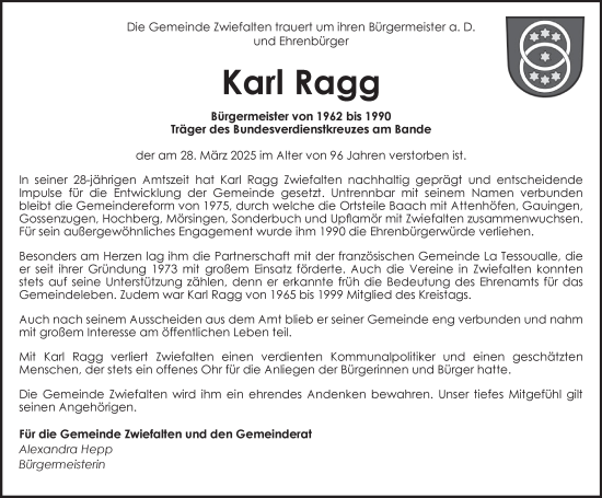 Traueranzeige von Karl Ragg von Alb-Bote/Metzinger-Uracher Volksblatt
