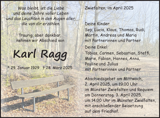 Traueranzeige von Karl Ragg von Alb-Bote/Metzinger-Uracher Volksblatt