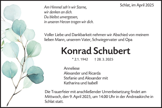 Traueranzeige von Konrad Schubert von NWZ Neue Württembergische Zeitung