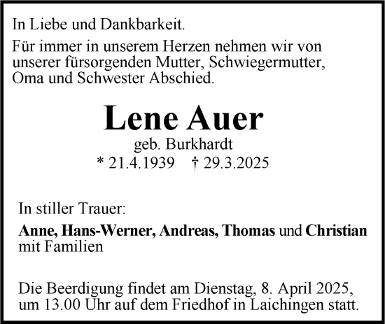 Traueranzeige von Lene Auer von SÜDWEST PRESSE Ausgabe Ulm/Neu-Ulm