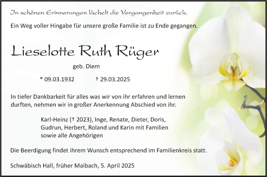 Traueranzeige von Lieselotte Ruth Rüger von Haller Tagblatt